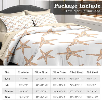 Comforter Set Twin Size, Boho Sea Shells 5 Pcs Bedding for Kids and Adults, Nautical Beach Summer Bed Sheet Sets with Fitted Sheet Pillowcase & Sham for Bedroom Bed Decor