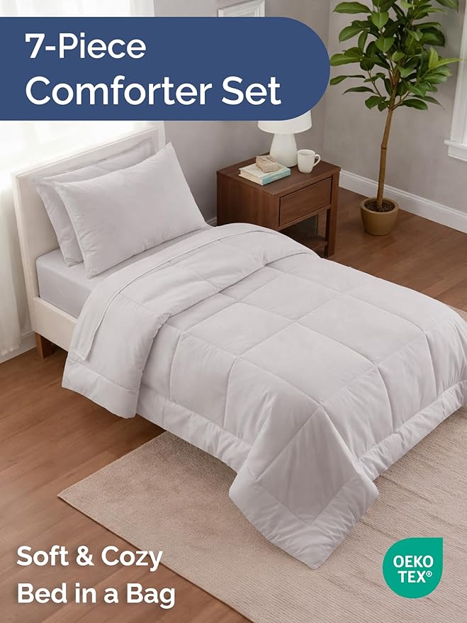 Twin XL Comforter Set - 5 Piece Bed in a Bag Twin XL Size Bed Set - Down Alternative Comforter, Flat Sheet, Fitted Sheet, Pillowcase & Sham for All Seasons - Ultra Soft, Comfy, Breathable - Light Grey