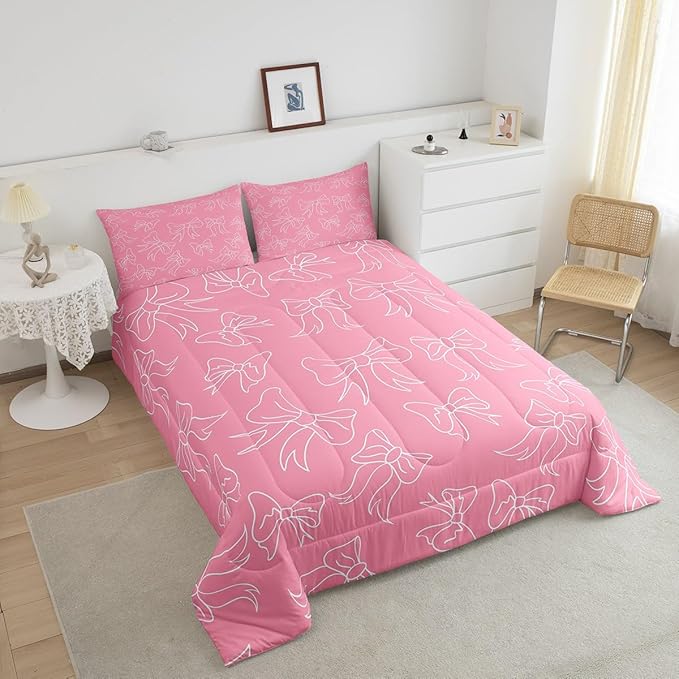 Feelyou Cute Bowknot Bedding Set Boys Girls King Size Pink Girls Bow Comforter Set Ultra Soft Bow and Stripes Comforter Kawaii Duvet Set