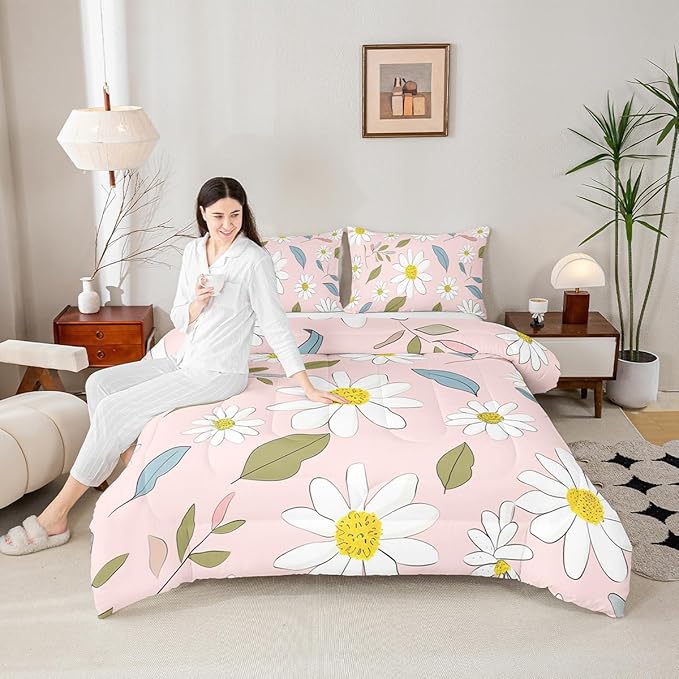 Manfei White Daisy Comforter Set King Size, Flower Leaves Bedding Set 3pcs for Kids Boys Girls Bedroom Decor, Botanical Floral Print Quilt Set Soft Polyester Duvet Set with 2 Pillowcases