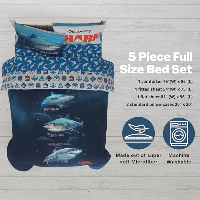 Collectibles Discovery Shark Week Bedding 5 Piece Super Soft Comforter and Sheet Set, Full, (Officially Licensed Product) by Franco