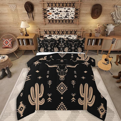 Erosebridal Boys Bull Skull Comforter Set King Size, Western Cowboy Bedding Set Vintage Southwestern Duvet Insert Bohemian Geometric Cactus Quilt Tribal Exotic Ethnic Bedroom Decor, Black Brown