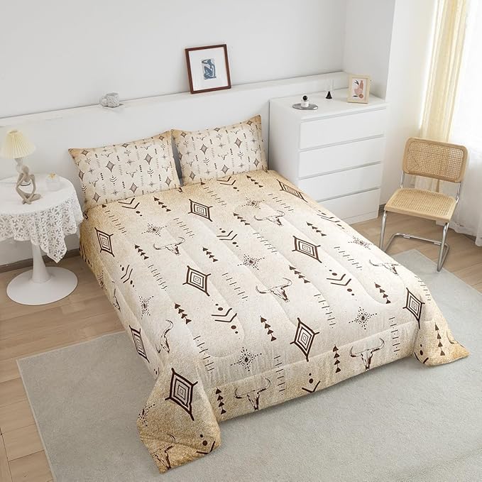 Feelyou Western Bull Skull Comforter Set Boho Ethnic Horns Bedding Set Queen Size Kids Adult Black Brown Tribal Symbol Mysterious Aztec Comforter