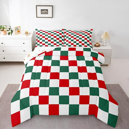Checkered Christmas Comforter Set Full Size Red Green Plaid Bedding Set for Kids Boys Girls Geometric Vintage Duvet Quilt Modern Simple Groovy Aesthetic Bedroom Decor 3 Pcs with 2 Pillow Cases
