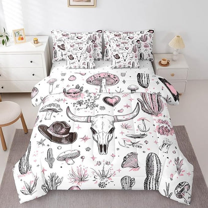 Feelyou Western Cow Skull Comforter Set with Sheets Full Size Kids Longhorn Skull 7 Pieces Bedding Set for Boys Girls Teens West Cowboy Bed in a Bag Breathable Hat Bed Set Cactus
