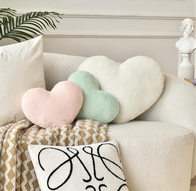 Petrella Heart Pillow Cute Fuzzy Pillows Throw Pillows for Bed Livingroom Home Decor Cushion Decorative Aesthetic Preppy Pillows White,Large 19"x15"
