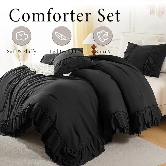 Herside Black Ruffle Comforter Set Queen Size,Shabby Chic Boho Bedding Sets, Soft Fluffy Comforters Sets for All Season,Vintage Ruffled 3 Pcs Microfiber Lightweight Quilt Set for Women Girls