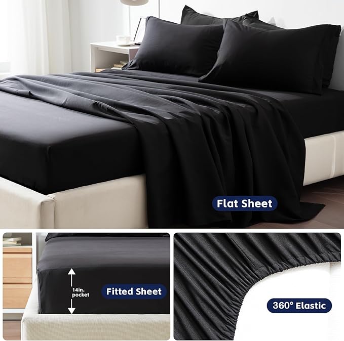 COZYART Full Comforter Set 7 Pcs, Black Bed in a Bag, All Season Lightweight Soft Reversible Bedding Sets, 1 Comforter, 1 Flat Sheet, 1 Fitted Sheet, 2 Pillow Shams, 2 Pillowcases