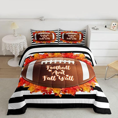 Football And Fall Y’All Bedding Set Twin For Boys Autumn Thanksgiving Theme Comforter Set For Kids Teen Ball Sports Quilt Duvet Soft Lightweight Maple Leaves Black Striped Comforter 1 Pillow Case