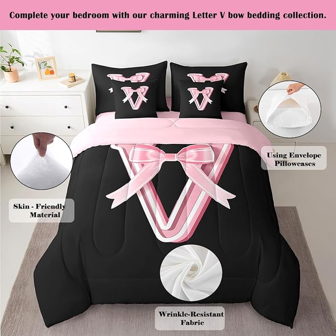 jejeloiu Kawaii Pink Bow Queen Comforter Set with Sheets,Gifts for Women Teen Girl,Monogrammed 7 Piece Bedding Set,Soft Personalized Initial Letter V Bed in a Bag with Comforter,Sheets,Pillowcases