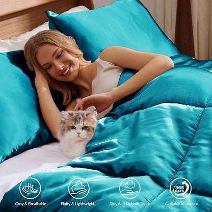 Whale Flotilla 2-Piece Reversible Silky Soft Twin Size Comforter Bedding Set, Luxurious Satin Comforters with Satin Pillowcase, Lightweight Duvet for All Seasons, Turquoise