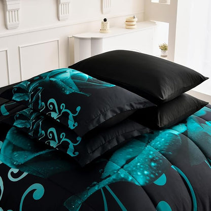 WONGS BEDDING Teal Green Comforter Set Queen, Reversible Rose 7 Pieces Bed in a Bag, Lightweight Soft Microfiber Bedding Sets with Flat Sheet, Fitted Sheet, Pillowcases & Shams