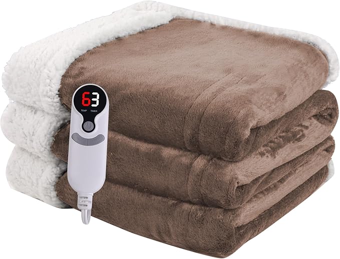 Heated Blanket Electric Throw Size 50''x60'' with 9 Heating Levels, 1-10 Hour Auto Shut Off, Machine Washable, Flannel & Sherpa Double-Sided Soft Warming Blanket for Couch, Bed, Office - Brown