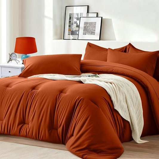 King Size Comforter Set 7 Pieces - Soft Bed in a Bag King Bed Set, Cozy Luxury Bedding Sets with All Season Comforter, Flat Sheet, Fitted Sheet, 2 Pillowcases & 2 Shams, Orange