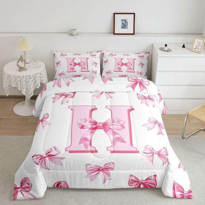 Erosebridal Pink Kawaii Letter Bowknot Bedding Set Twin,Cute Initial Letter H Comforter Set Dreamy Princess Bow Bedding Comforter Sets Romantic Chic Bowknot Bed Set for Kids Girls Teen