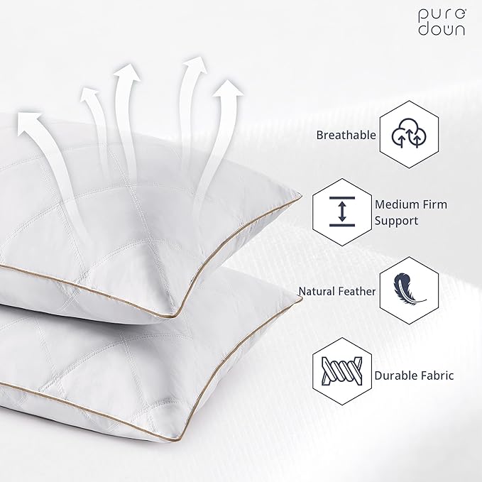 puredown® Goose Feathers and Down Pillow with Diamond Quilting with 100% Cotton Cover, Pack of 2, Queen Size