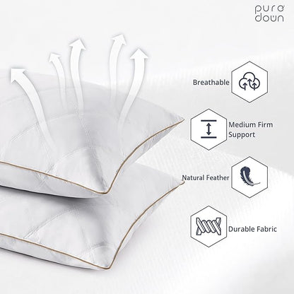 puredown® Goose Feathers and Down Pillow with Diamond Quilting with 100% Cotton Cover, Pack of 2, Standard Size