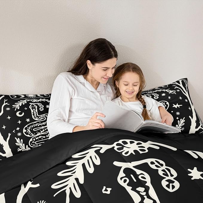 Erosebridal Halloween Gothic Twin Bedding Set, Goth Snake Comforter Set for Kids Boys Girls Teens Women Men Retro Halloween Decor, Sun and Moon Black Comforter, Terror Theme Black Goth Quilt