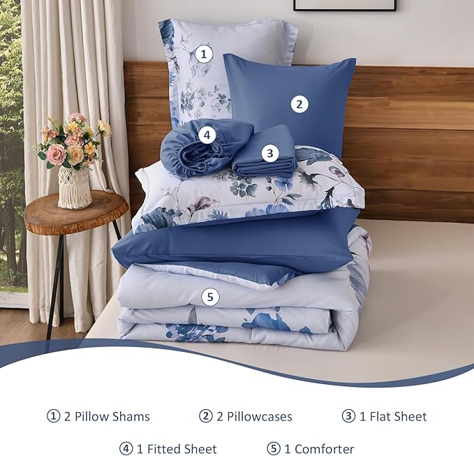 DJY Floral Queen Comforter Set - 7 Pieces Blue Floral Bed in a Bag with Flower Leaves Pattern, Soft Microfiber Botanical Comforter and Sheet Set, All Season Bedding Set (90''x90'')