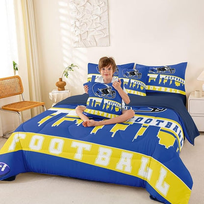 Erosebridal Football City 7 Pcs Comforter Set Full Football Bedding for Boys Girls Blue Rugby Game Sheet Set Bed in A Bag Football Fans Bedroom Decor Sports Ball Team Bed Set