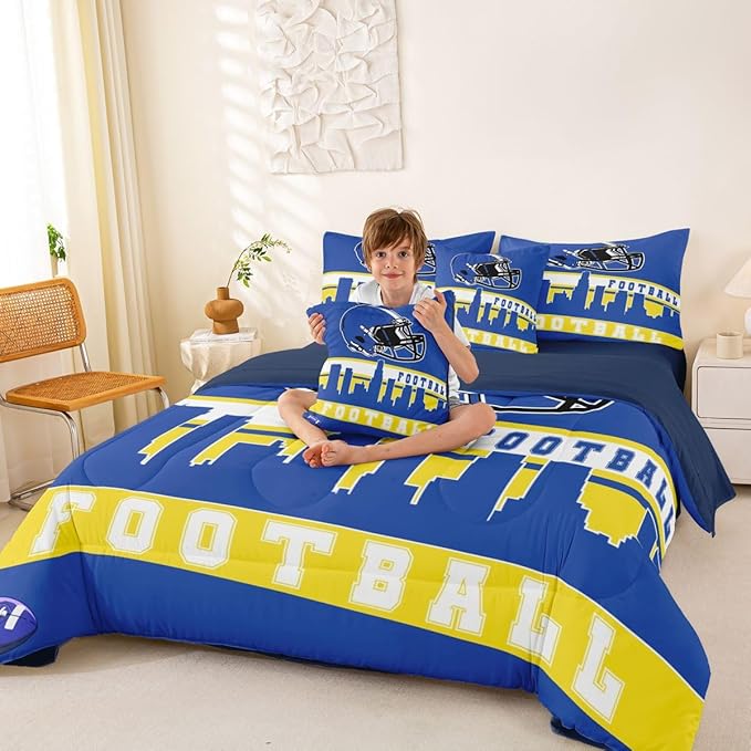Erosebridal Football City 7 Pcs Comforter Set King Football Bedding for Boys Girls Blue Rugby Game Sheet Set Bed in A Bag Football Fans Bedroom Decor Sports Ball Team Bed Set