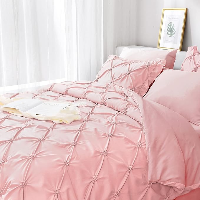JOLLYVOGUE King Size Comforter Set 7 Pieces, Pink Bed in a Bag Comforter Set for Bedroom, Beddding Sets with Comforter, Sheets,Ruffled Shams & Pillowcases