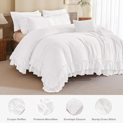 Masaca Ruffle Twin Comforter,Shabby Boho Chic Netural White Ruffled Comforter Set 3 Pieces Farmhouse Rustic French Country Kids Twin Bedding Sets Ultra Soft