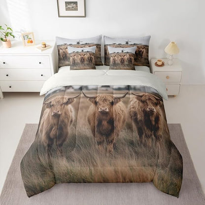 Erosebridal Cow Print King Bedding Set - Western Highland Cow Bed in A Bag,Wild Animal Comforter Sets with Sheets, Farmhouse Country Style 7 Pieces Bed Set Bedroom Decor