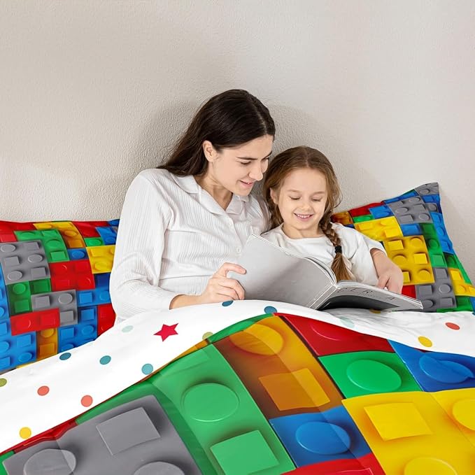 Erosebridal Construction Comforter Set Colorful Bedding Set 3D Building Blocks Quilt Full,Kids Boys Bricks Duvet Insert Watercolor Gradient Room Decor for Teen Girls,Red Yellow Green Blue Grey