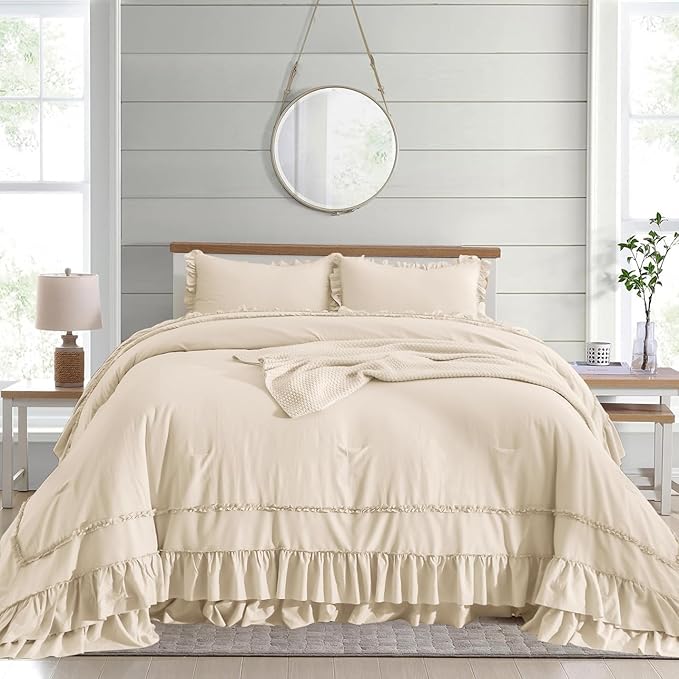 CozyTide Ruffle Oversized King Comforter 120x120,Farmhouse Shabby Boho Chic Bedding Cotton French Country Rustic Ruffled California King Comforter Set 3PCS