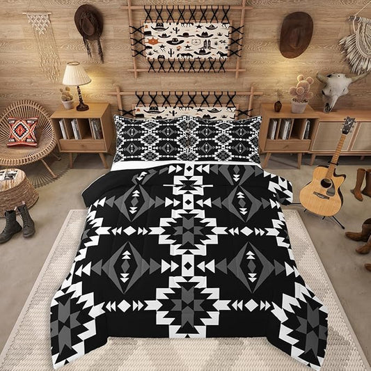 Western Aztec Comforter Set King Size, Native American Navajo Bedding Set For Boys Adult Teens, Southwestern Geometric Quilt Ethnic American Native Duvet Insert Rustic Farmhouse Decor, Black White
