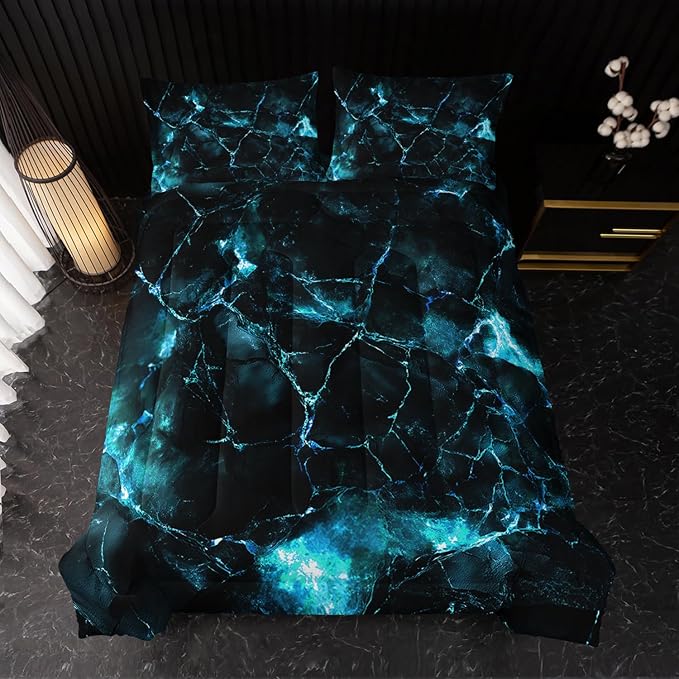 Blue Comforter Set Twin Size，Blue Marble Bedding Set 3 Pcs Bedding for Adults, Marble Room Decor with Comforter and 2 Pillowcases Soft and Lightweight B-Side Black