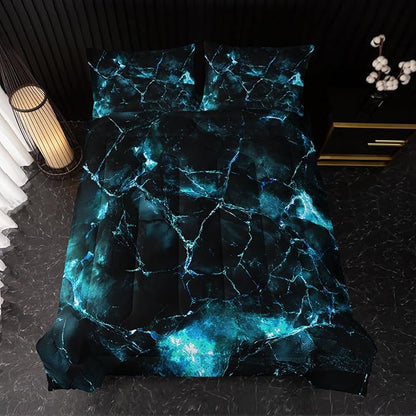 Blue Comforter Set Queen Size，Blue Marble Bedding Set 3 Pcs Bedding for Adults, Marble Room Decor with Comforter and 2 Pillowcases Soft and Lightweight B-Side Black