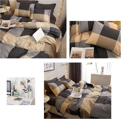 HighBuy King Size Comforter Set Khaki Plaid Comforter Sets King Gingham Checkered Grid Bedding Comforter Modern Geometric Pattern King Bed Comforter Set for All Seasons with 2 Pillowcases
