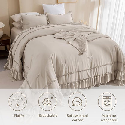 Sanracie Oversized King Comforter Set 128" x 120", Cotton Boho Shabby Vintage Ruffled Comforter Sets Linen Feel Comfortable Breathable French Country Bedding Set 3Pcs for All Season