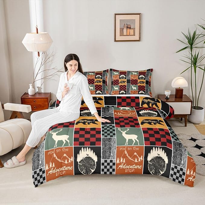Farmhouse Cabin Bedding Set Full, Bear Deer Forest Comforter Set Wooden Board Country Duvet Insert For Kids Girls Bedroom, Retro Lodge Wild Animal Quilt Rustic Decorations For Home, Red Grey Black