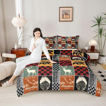 Farmhouse Cabin Bedding Set Full, Bear Deer Forest Comforter Set Wooden Board Country Duvet Insert For Kids Girls Bedroom, Retro Lodge Wild Animal Quilt Rustic Decorations For Home, Red Grey Black