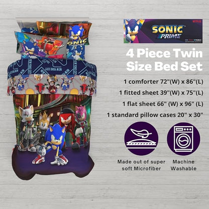 Sonic The Hedgehog Prime Anime Kids Bedding Super Soft Comforter and Sheet Set, 4 Piece Twin Size, (Officially Licensed Product) by Franco