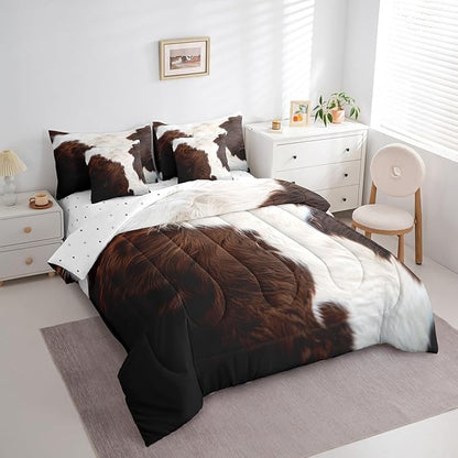 Brown and White Bedding Comforter Sets 7-Piece Cowhide Cow Print Bed in a Bag, Milk Cow Fur Queen Bedding Sets Wildlife Hair Comforter Set Queen, Animal Skin Pattern Bedding Sets & Collections