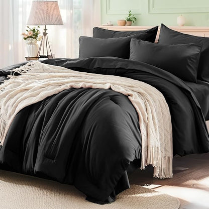 Anluoer King Size Comforter Set - 7 Pieces Bedding Sets King, Bed in a Bag Black Bed Set with 1 Comforter, 2 Pillow Shams, 2 Pillowcases, 1 Flat Sheet, 1 Fitted Sheet