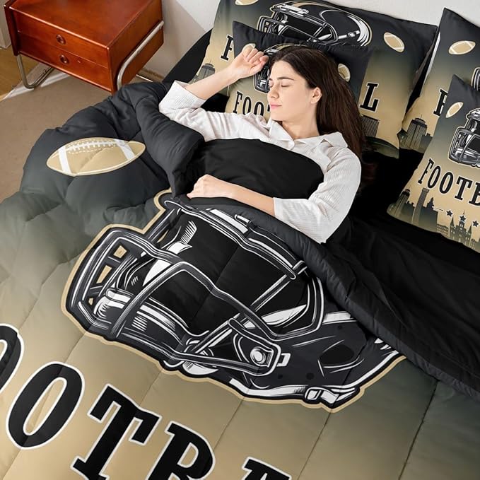 Erosebridal Football Queen Bed in A Bag for Boys Girls,American Rugby Sports Games Bedding Set 7 Pcs Football City Comforter Set with Sheets Black Beige Ombre Bed Set for Kids Teen Adults