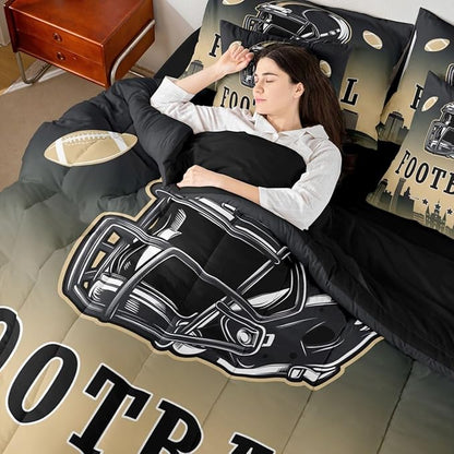 Erosebridal Football Full Bed in A Bag for Boys Girls,American Rugby Sports Games Bedding Set 7 Pcs Football City Comforter Set with Sheets Black Beige Ombre Bed Set for Kids Teen Adults