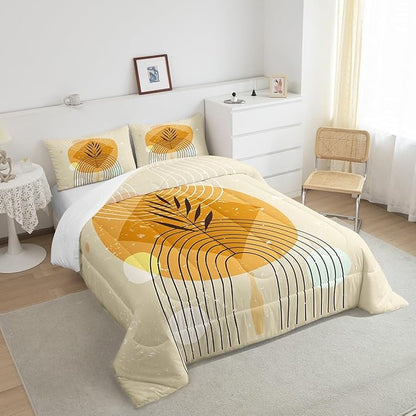 Erosebridal Geometric Stripe Bedding King Retro Aesthetic Comforter Set, Beige Minimalism Duvet Insert Modern Artwork Down Comforter, Mid Century Bedding Comforter Sets with 2 Pillowcase Super Cozy