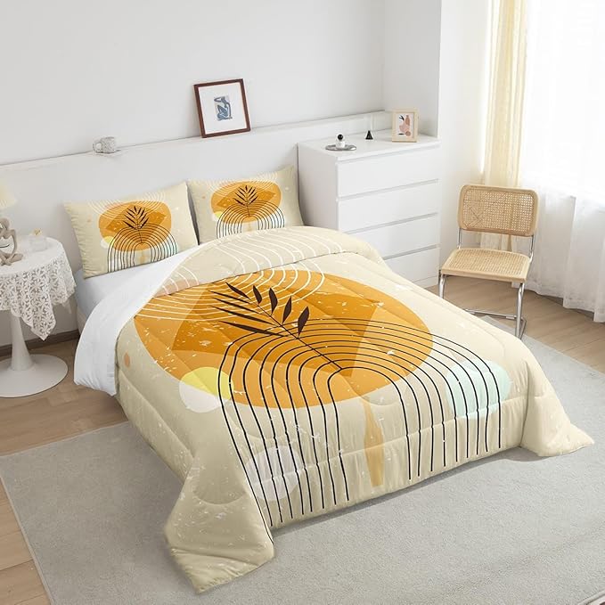 Geometric Stripe Bedding Set Twin Retro Aesthetic Comforter Set, Beige Minimalism Duvet Insert Modern Artwork Quilt Comforter, Mid Century Bedding Comforters & Sets with 1 Pillowcase Super Cozy
