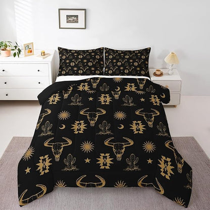 Erosebridal Western Bull Skull Comforter Set Queen Boho Aztec Cow Bedding Set Bohemian Cactus Star Moon Sun Bed Comforter for Kids Boys Men Cowboy,Brown Black Exotic Ethnic Tribal Quilt 3 Pcs