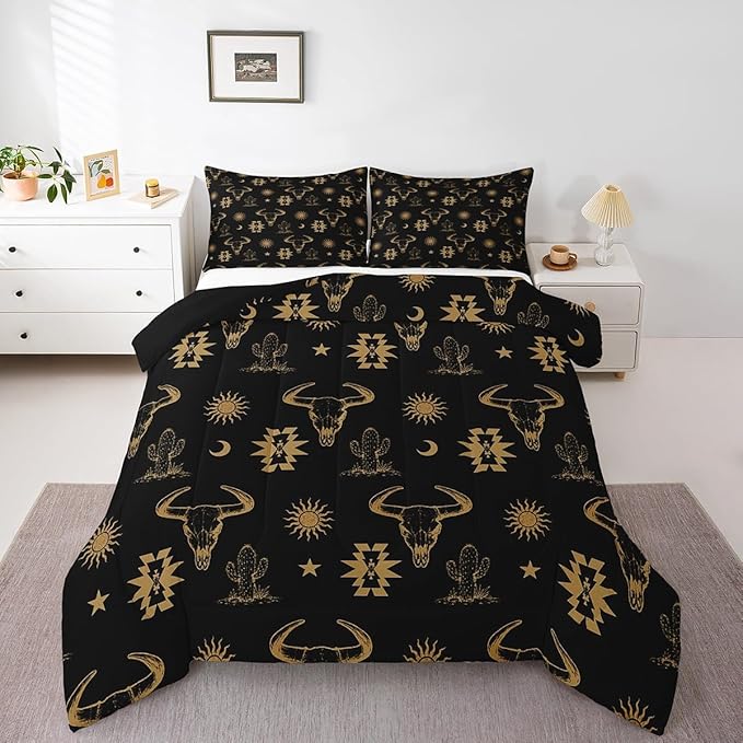 Erosebridal Western Bull Skull Comforter Set King Boho Aztec Cow Bedding Set Bohemian Cactus Star Moon Sun Bed Comforter for Kids Boys Men Cowboy,Brown Black Exotic Ethnic Tribal Quilt 3 Pcs