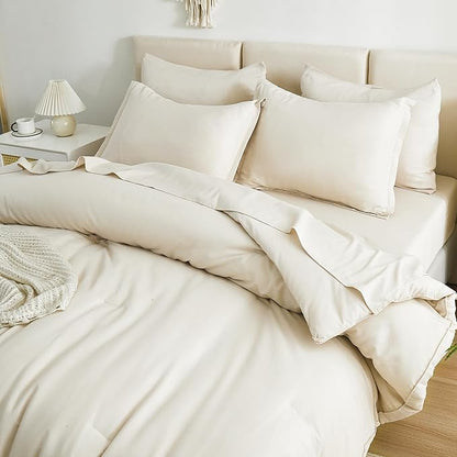 Litanika Bed in a Bag Queen Beige - 7 Pieces Queen Comforter Set Bedding Comforter Sets, Solid Fluffy Bed Set with Comforter, Sheets, Pillowcases & Shams