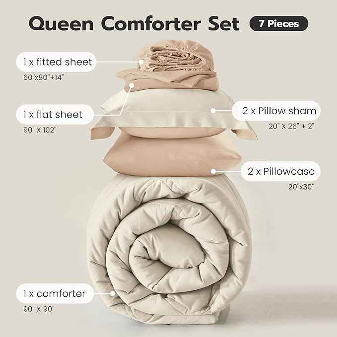 Joiedomi Queen Comforter Set with Sheets Beige, 7 Pieces Queen Bed Set with 1 Down Alternative Comforter, 1 Flat Sheet, 1 Fitted Sheet, 2 Pillowcases and 2 Pillow Shams, Bed in a Bag for All Seasons