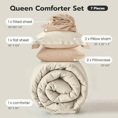 Joiedomi Queen Comforter Set with Sheets Beige, 7 Pieces Queen Bed Set with 1 Down Alternative Comforter, 1 Flat Sheet, 1 Fitted Sheet, 2 Pillowcases and 2 Pillow Shams, Bed in a Bag for All Seasons
