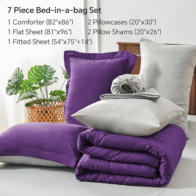 BEDELITE Full Comforter Set 7 Pieces Bed in A Bag - Soft Microfiber Reversible Purple Bed Set with Comforters, Sheets, Pillowcases & Shams, Cozy Luxury Bedding Sets for All Season